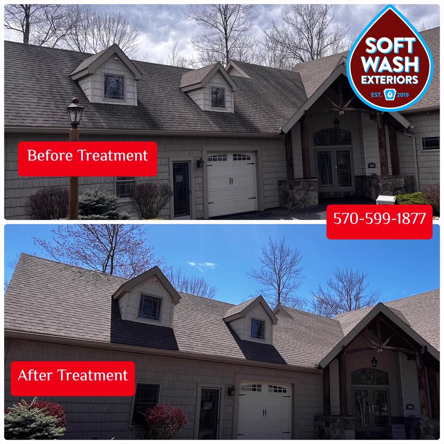 Roof soft wash treatment — before/after labeled