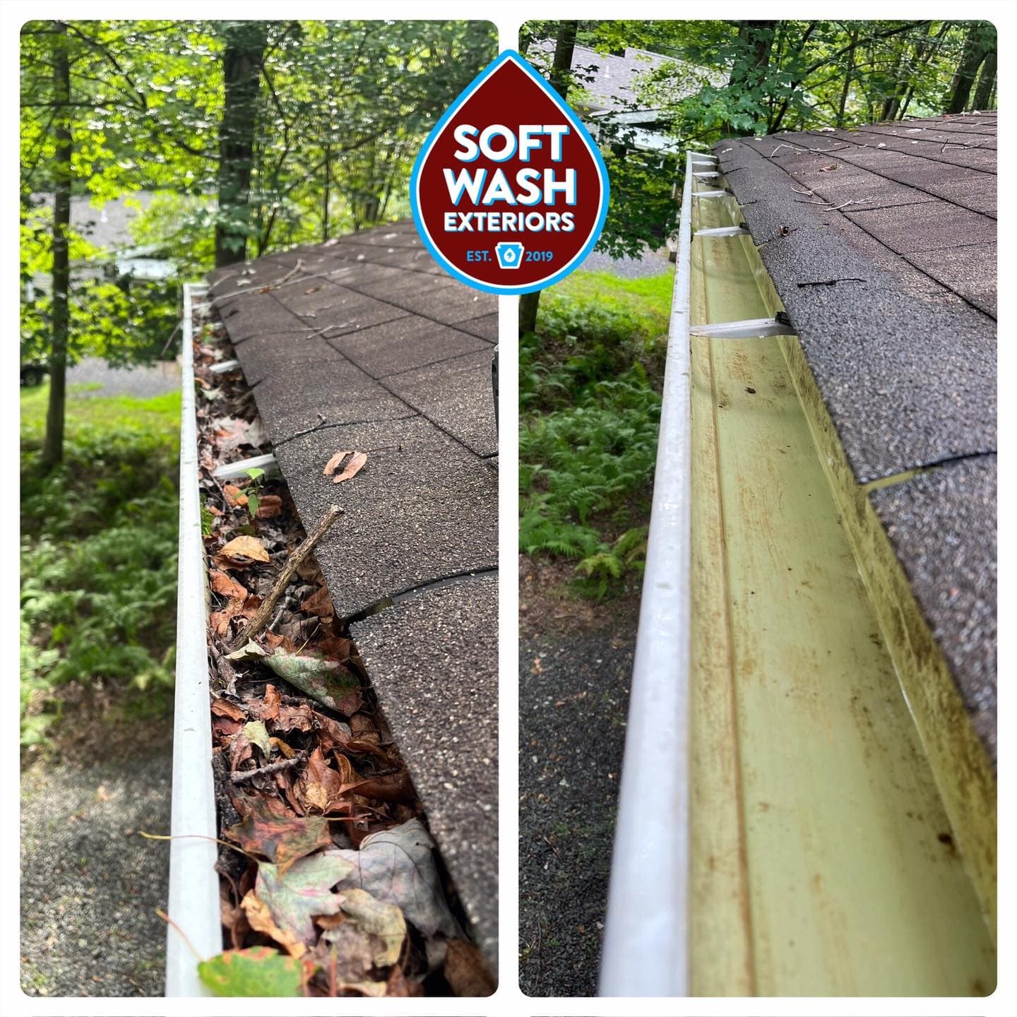 Aerial gutter view before (clogged) / after (clean flowing), fall leaves on roof around it
