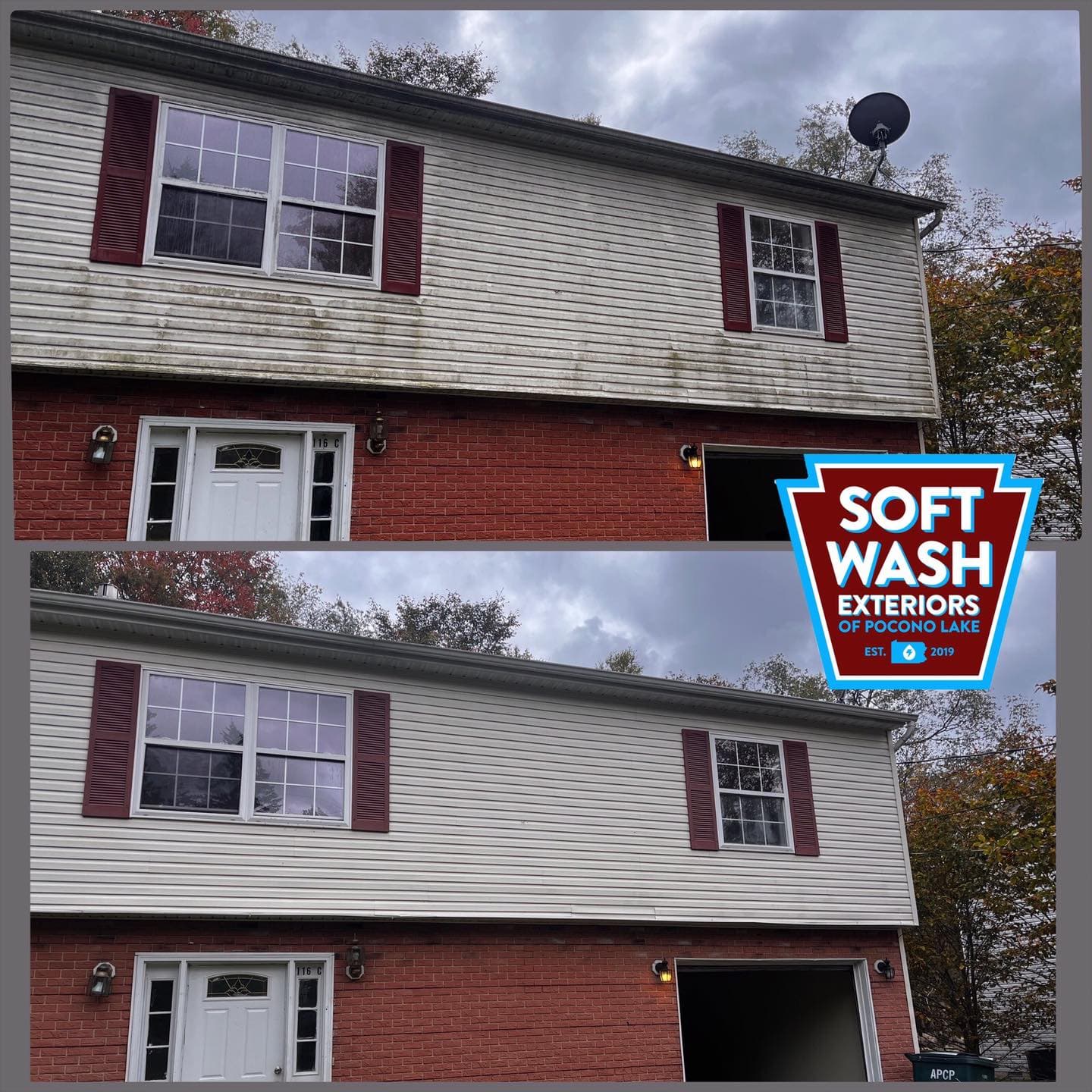 Red brick lower / white vinyl upper house front elevation before/after