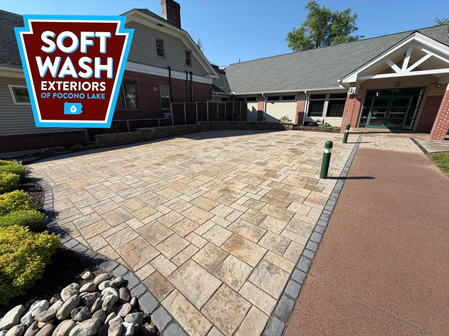 Commercial paver courtyard wide angle, clean