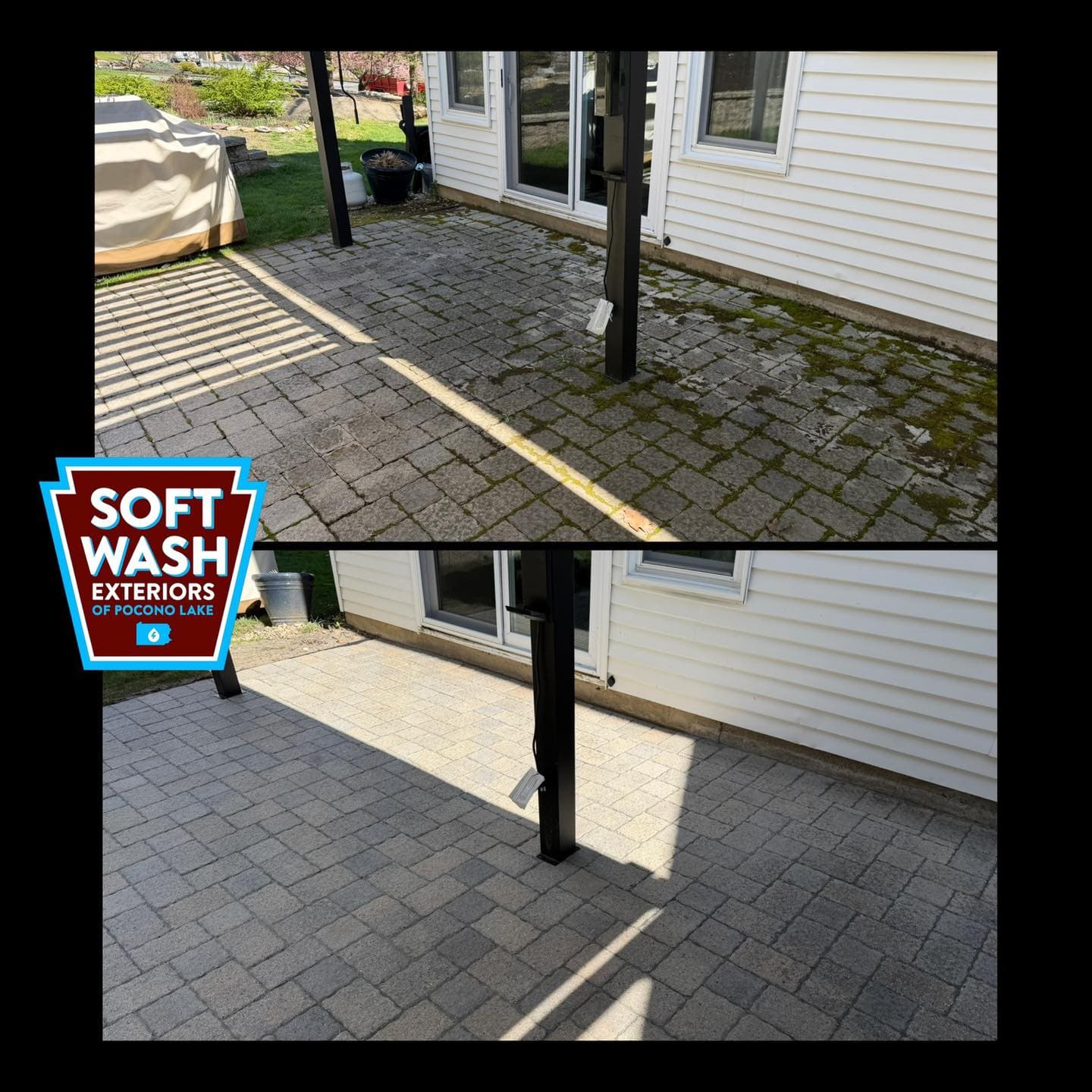 Backyard paver patio moss joints before / clean after