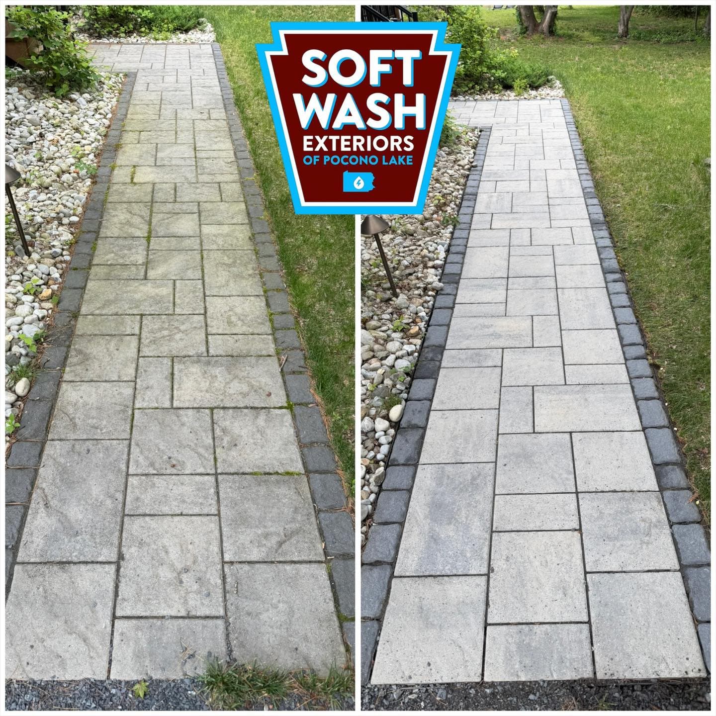 Narrow paver walkway before/after, side-by-side