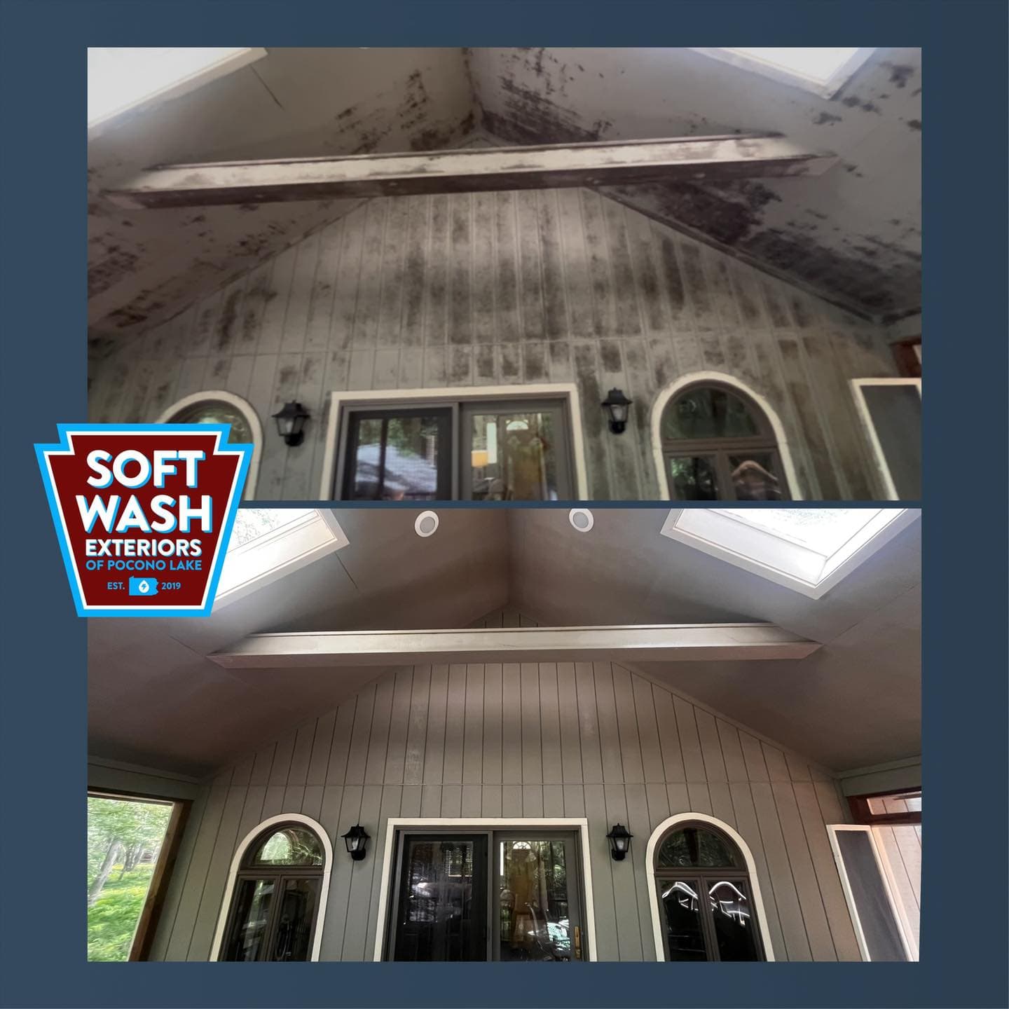 Screened porch cathedral ceiling — severe black mold before / white clean after